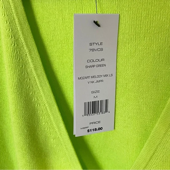 NWT French Connection Mozart Melody Mix V-Neck Jumper Lime Green Balloon Sleeves - Picture 5 of 9